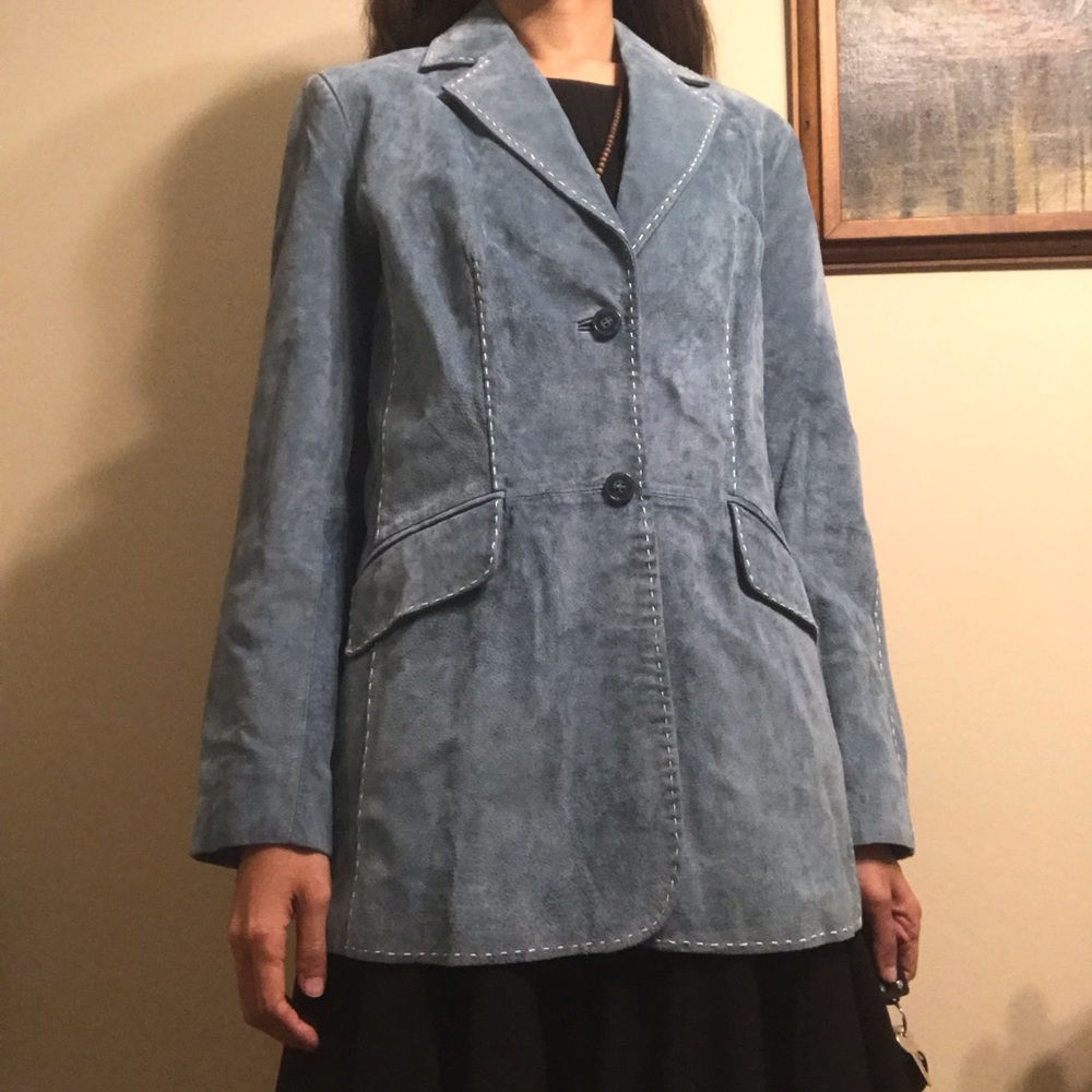 Pamela Mccoy teal leather notch lapel blazer small